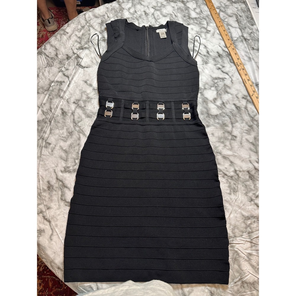 Cache Black Bandage Bodycon Dress Silver Hardware V-Neck Sleeveless Small